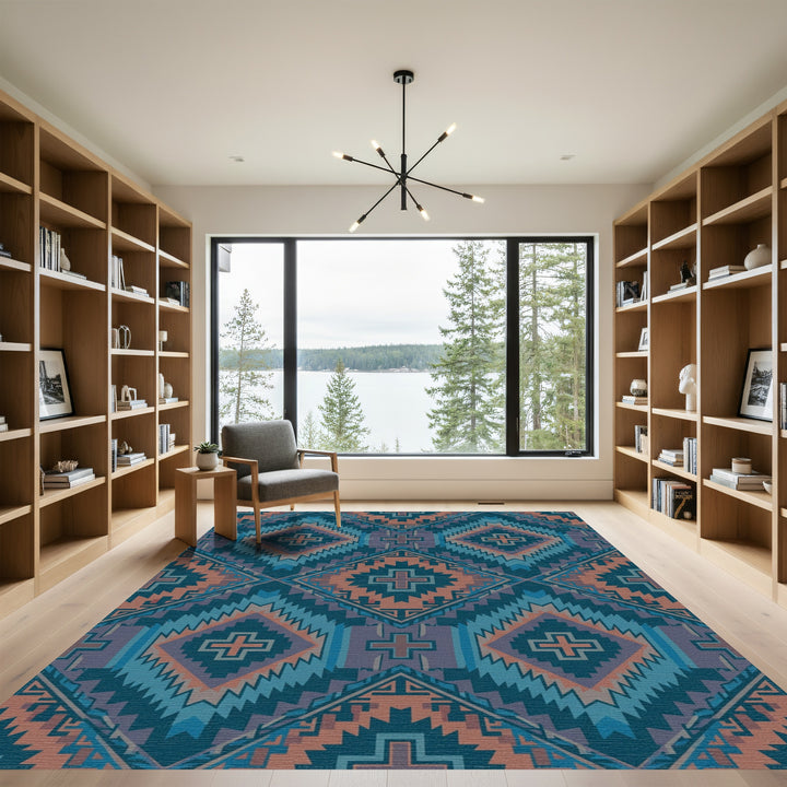 Teal Orange Diamond Cross Geometric Rug