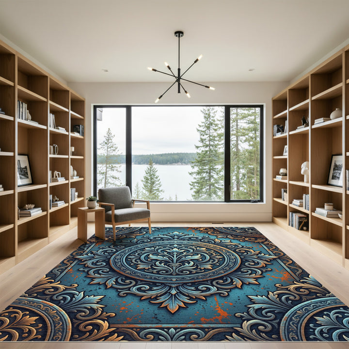 Ornate Teal And Gold Medallion Rug