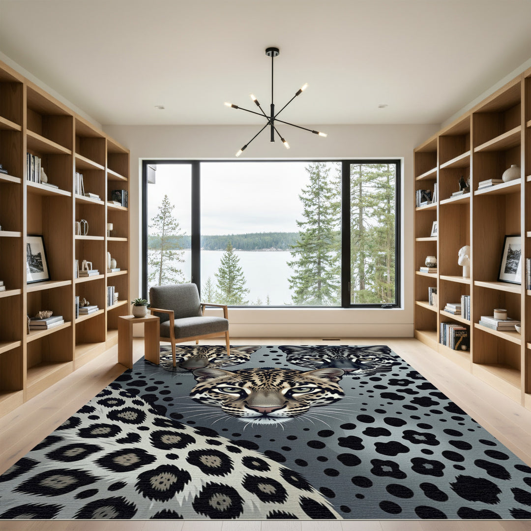 Gray Jaguar Faces Leopard Spots Rug