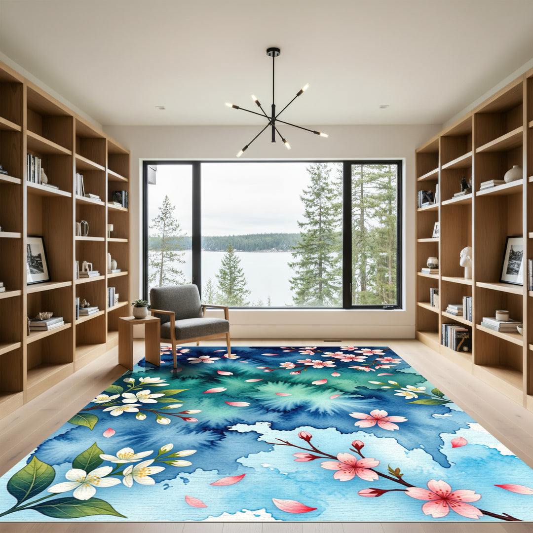 Blue Watercolor Cherry Blossom Branches Rug