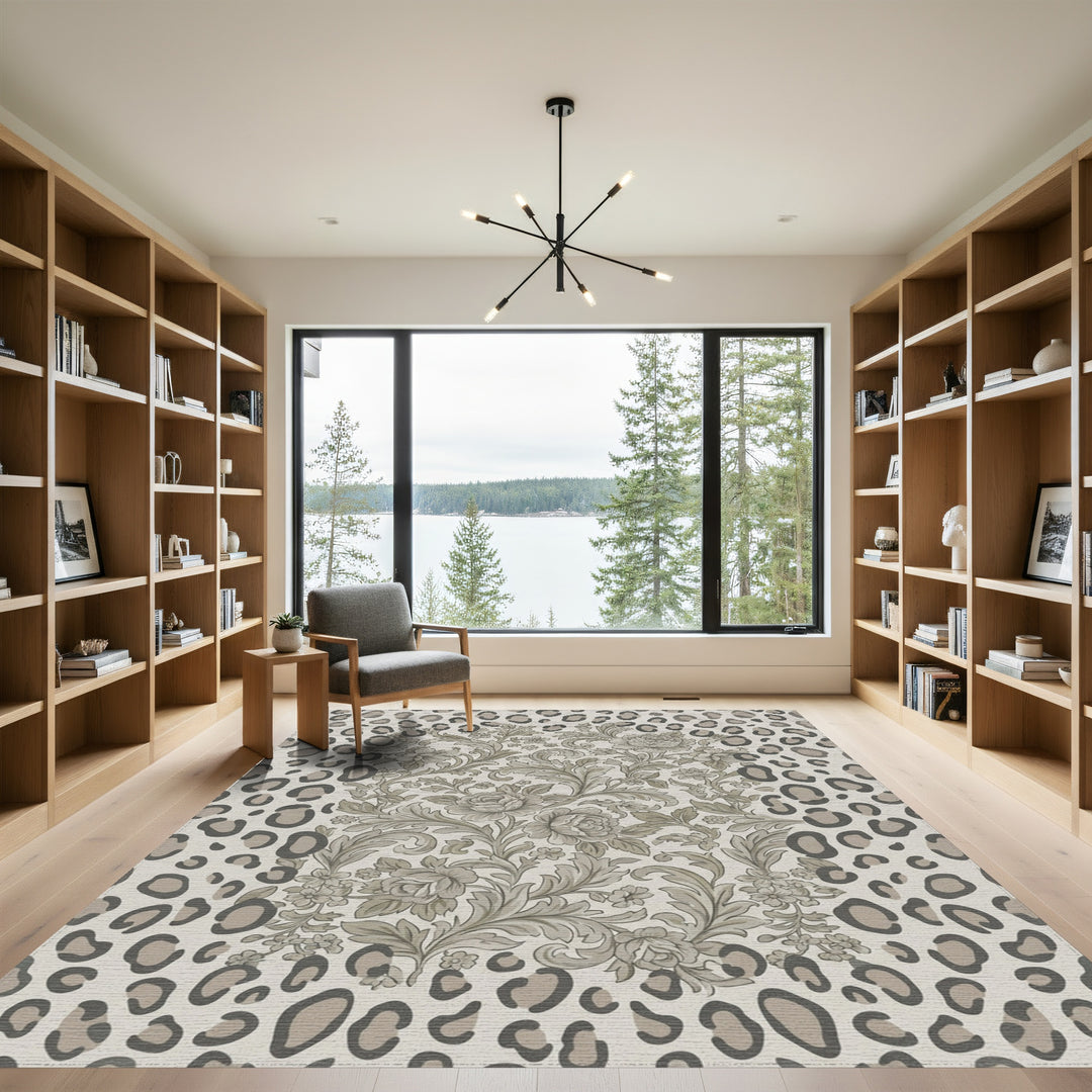 Monochromatic Floral Leopard Frame Rug