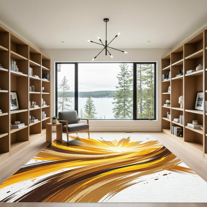 Golden Abstract Sunburst Swirl Rug