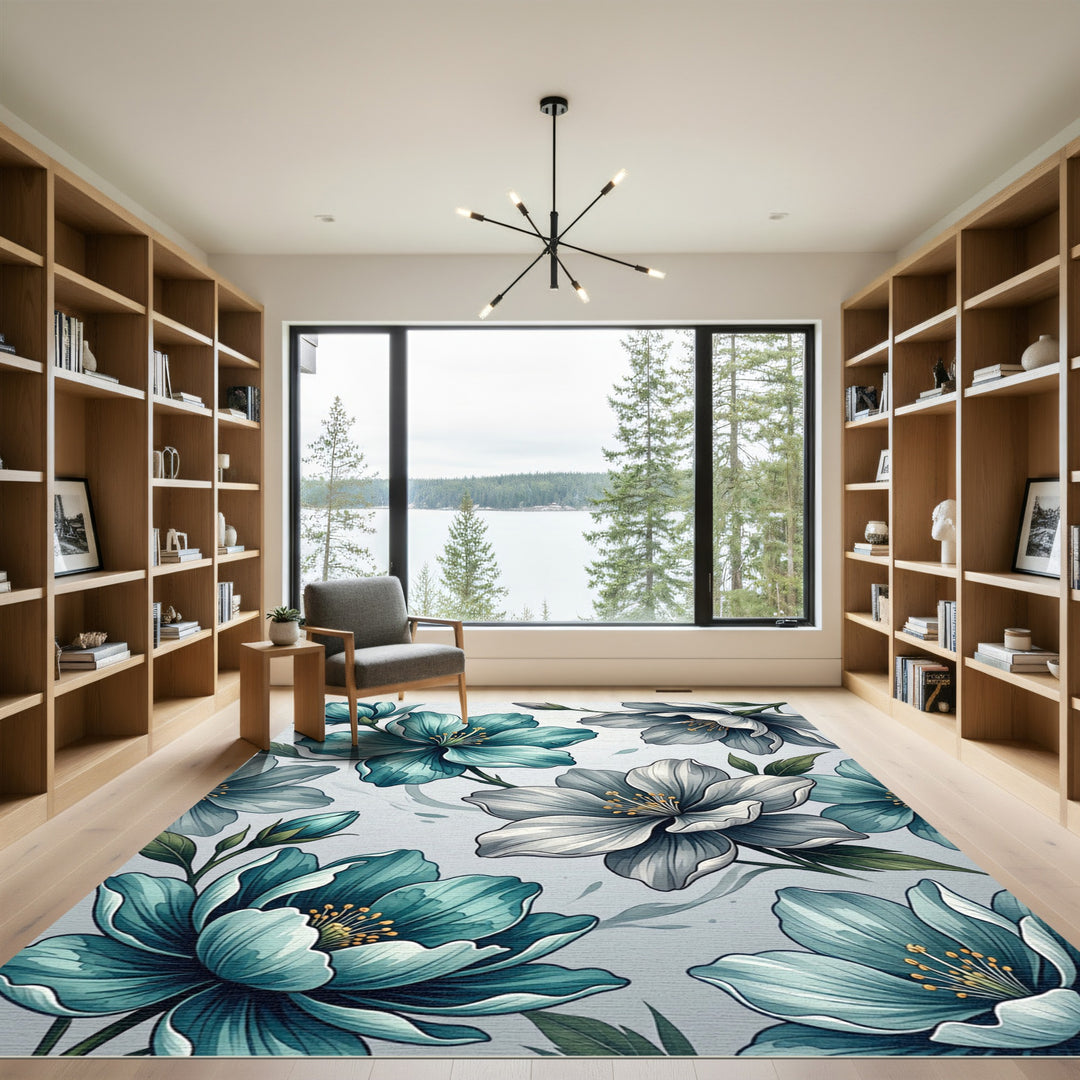 Teal Gray Petal Floral Composition Rug