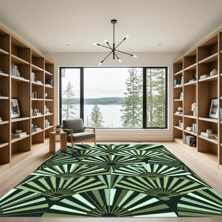 Green Fan Sunburst Geometric Rug