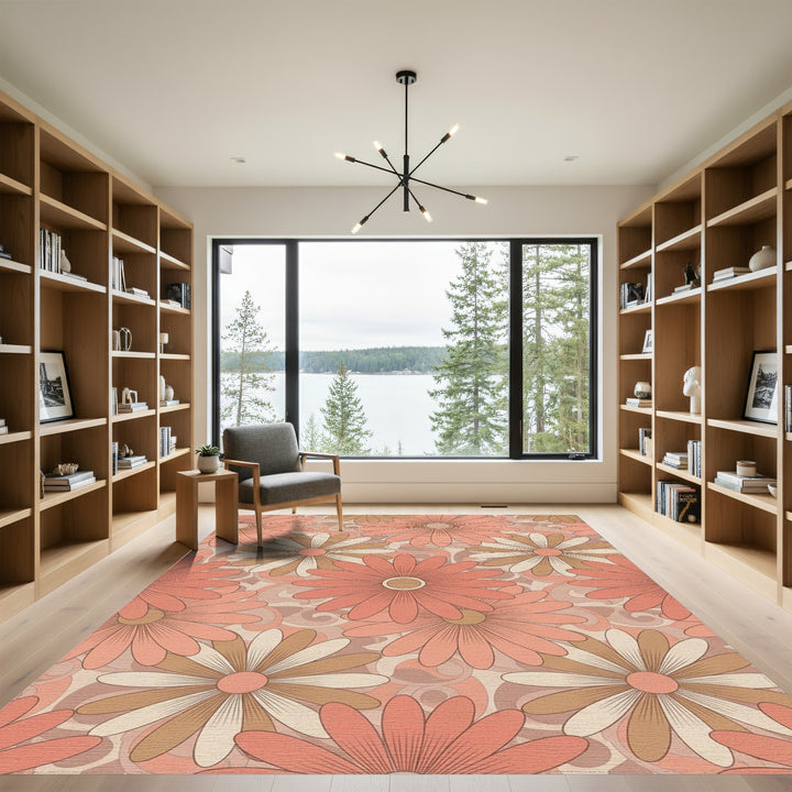 Retro Coral Daisy Swirl Rug