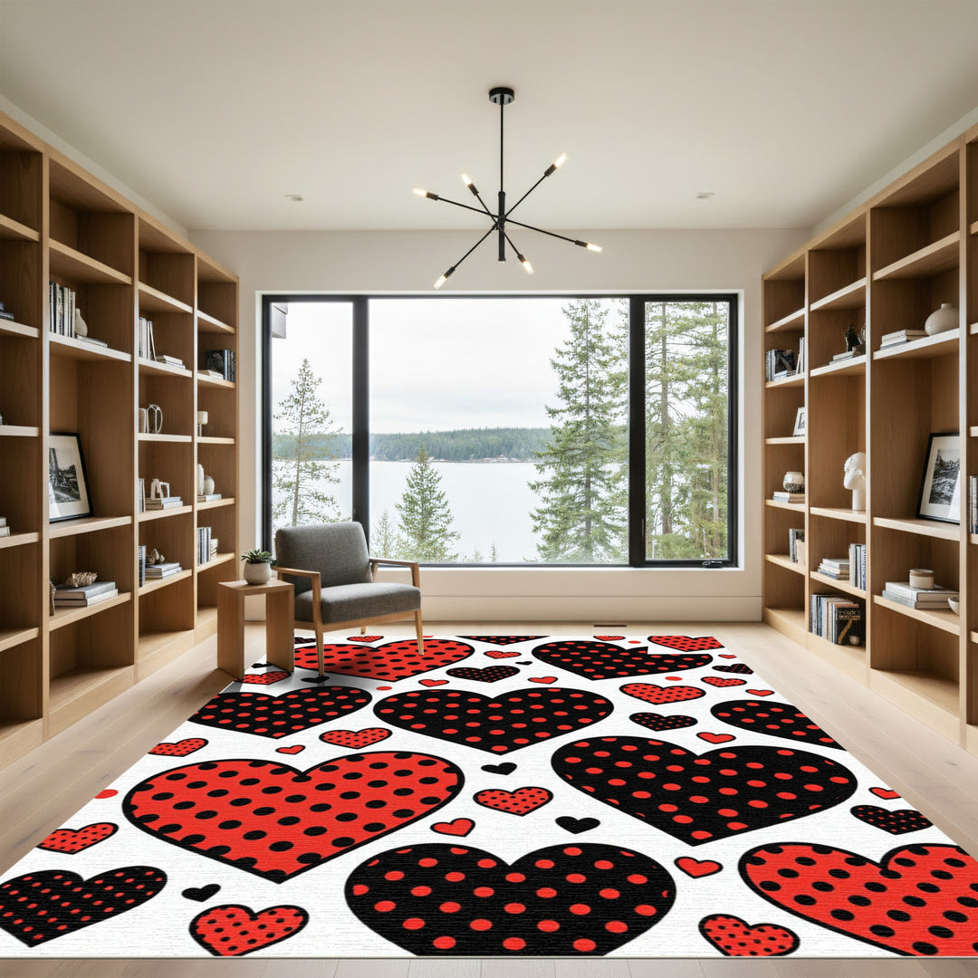 Polka Dot Hearts Red Black Rug