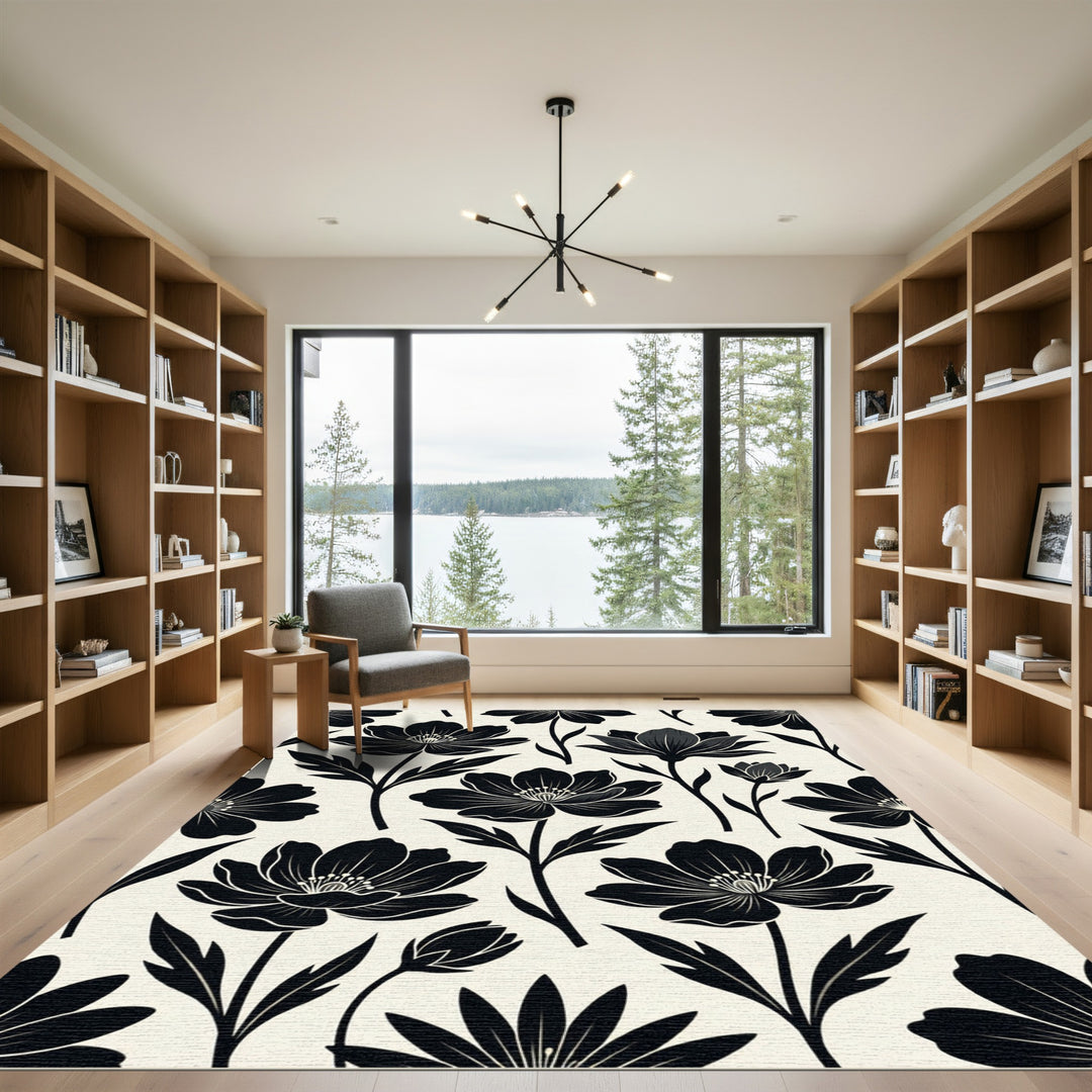 Black Anemone Floral Botanical Rug