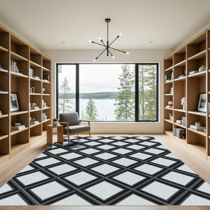 Geometric Black Gray Diamond Lattice Rug