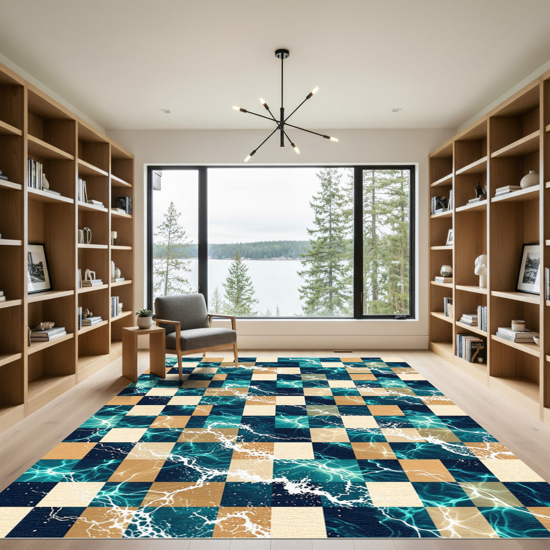 Ocean Chessboard Turquoise Gold Rug