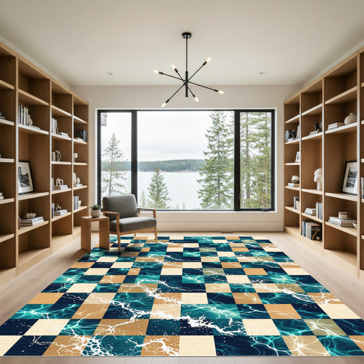 Ocean Chessboard Turquoise Gold Rug