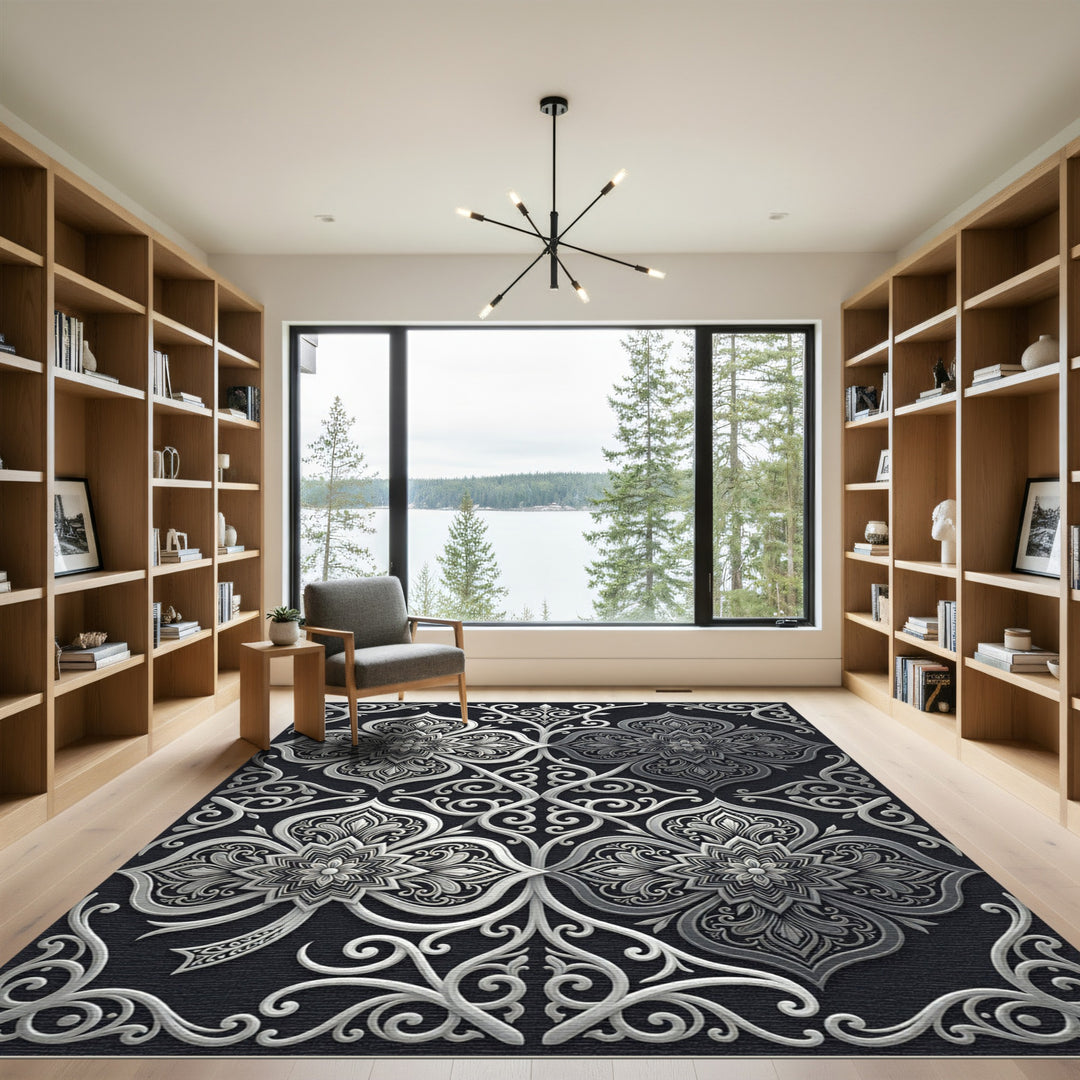 Intricate Silver Arabesque Scrollwork Rug
