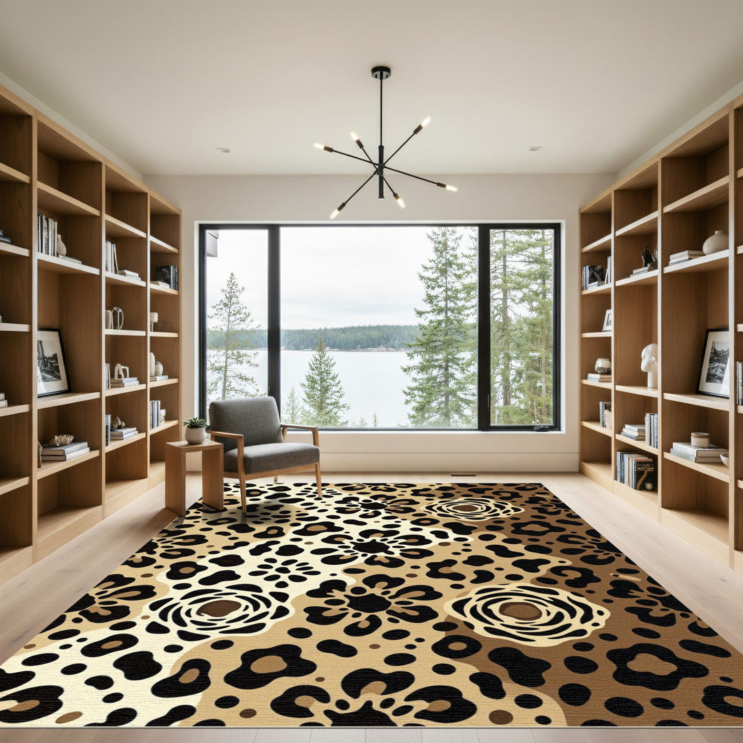Golden Leopard Floral Arrangement Rug