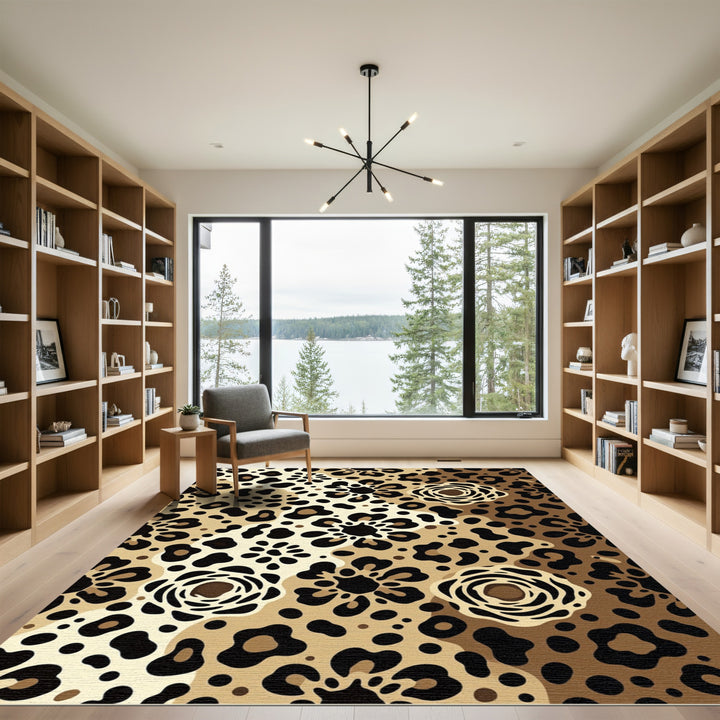 Golden Leopard Floral Arrangement Rug