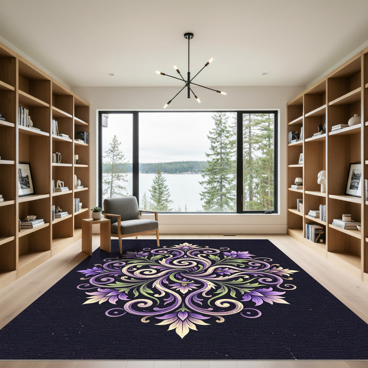 Purple Ivory Floral Scroll Layout Rug