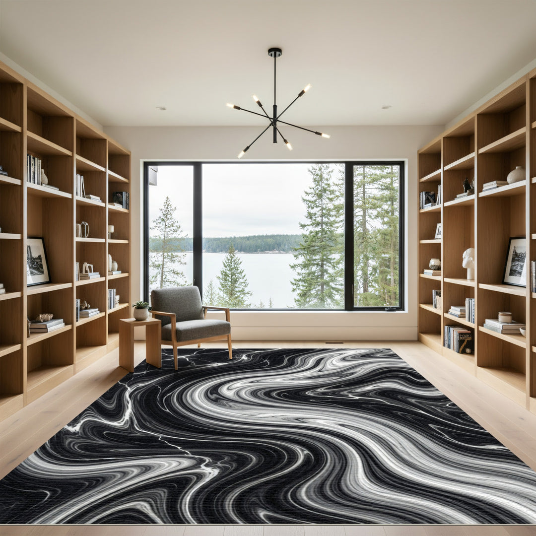 Abstract Black White Marble Swirl Rug