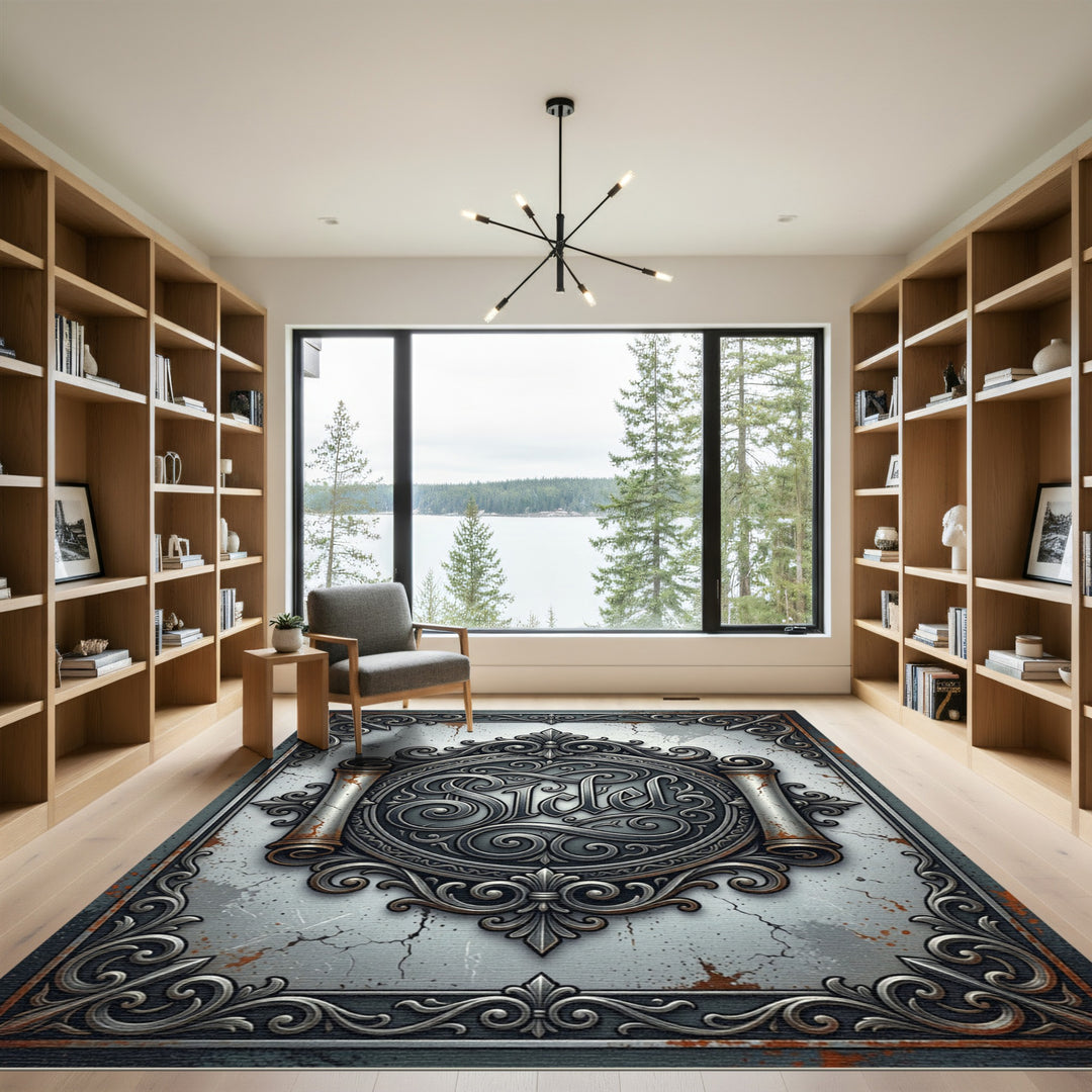 Ornate Silver Scroll Emblem Rug