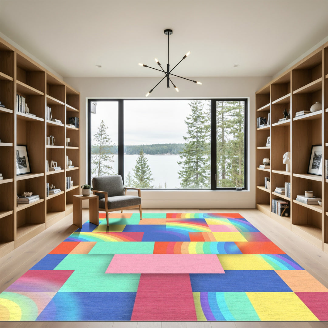 Vibrant Rainbow Geometric Blocks Rug