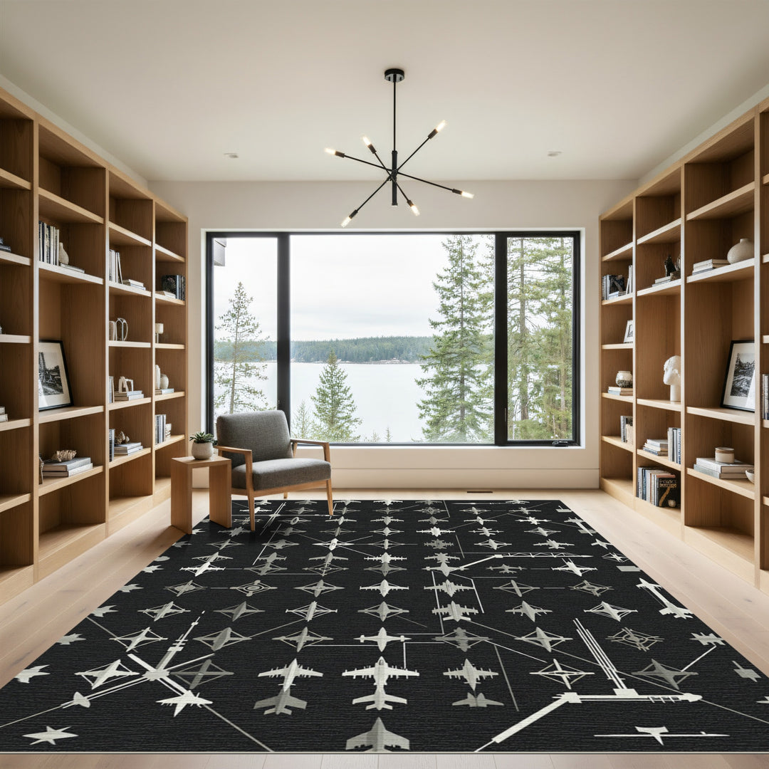 Modern Gray Futuristic Jet Aircraft Rug