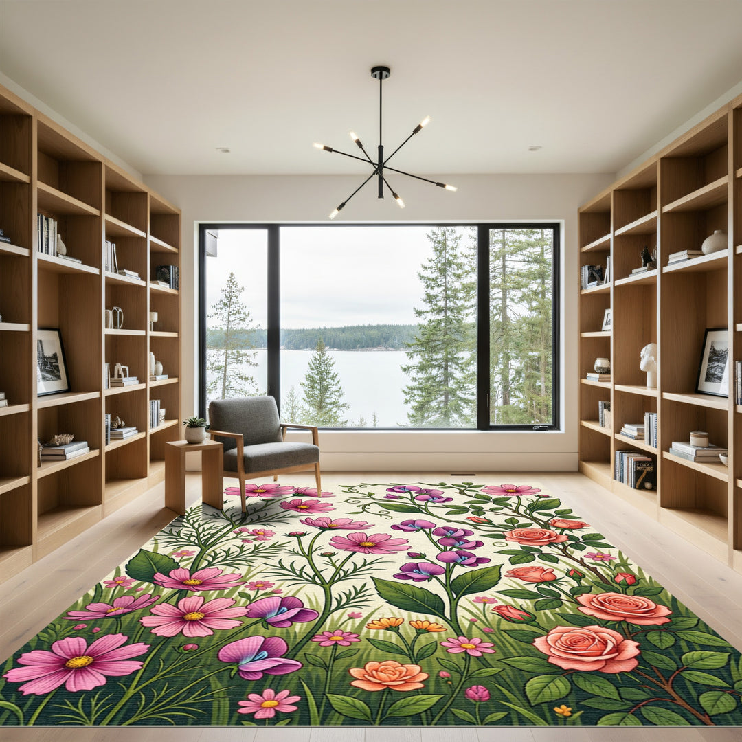 Pink Floral Meadow Garden Vines Rug