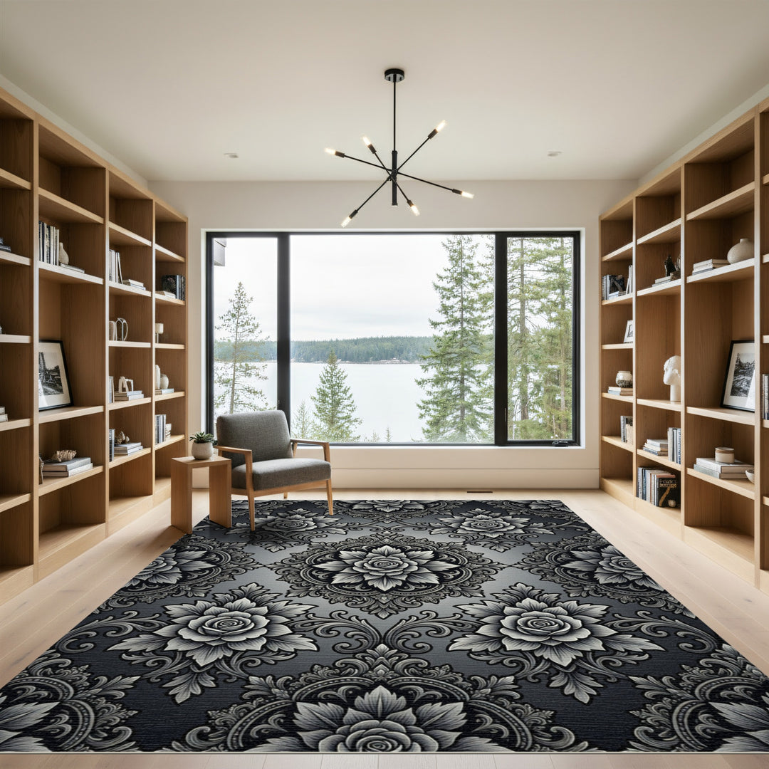 Ornate Gray Floral Damask Rug