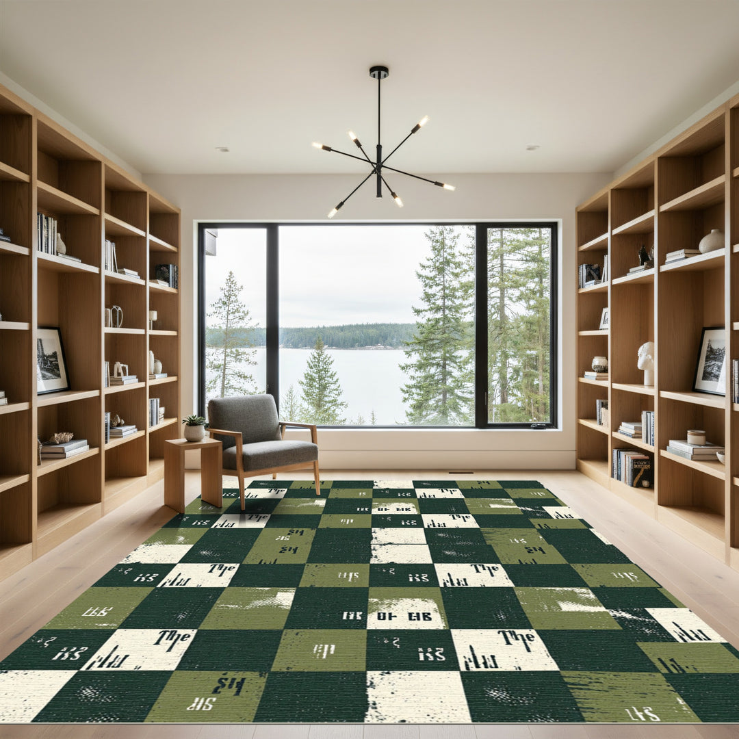 Distressed Chessboard Green Ivory Text Rug