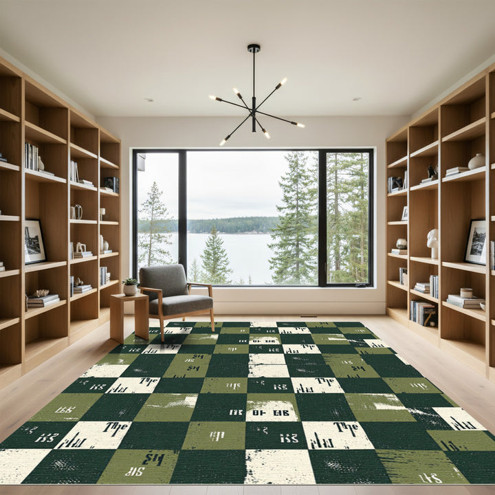 Distressed Chessboard Green Ivory Text Rug