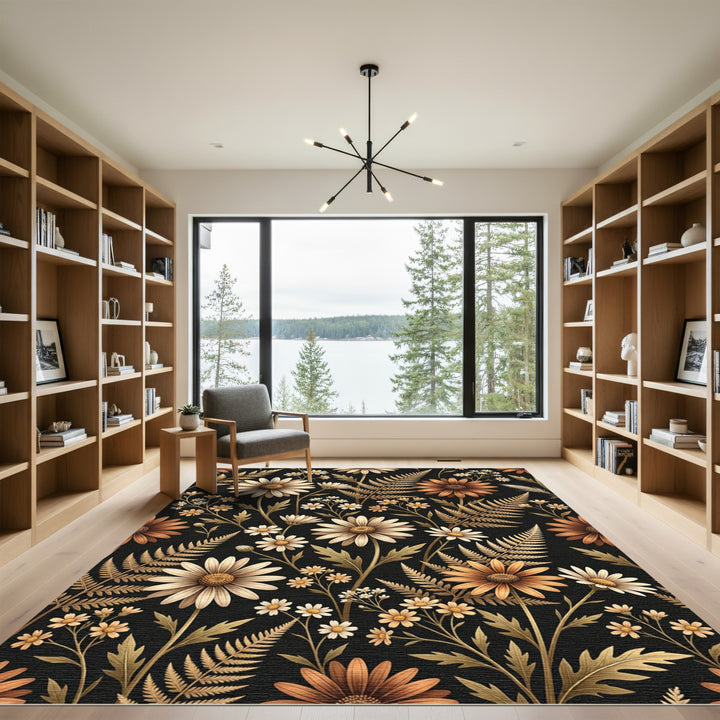 Brown Daisy Fern Botanical Black Rug