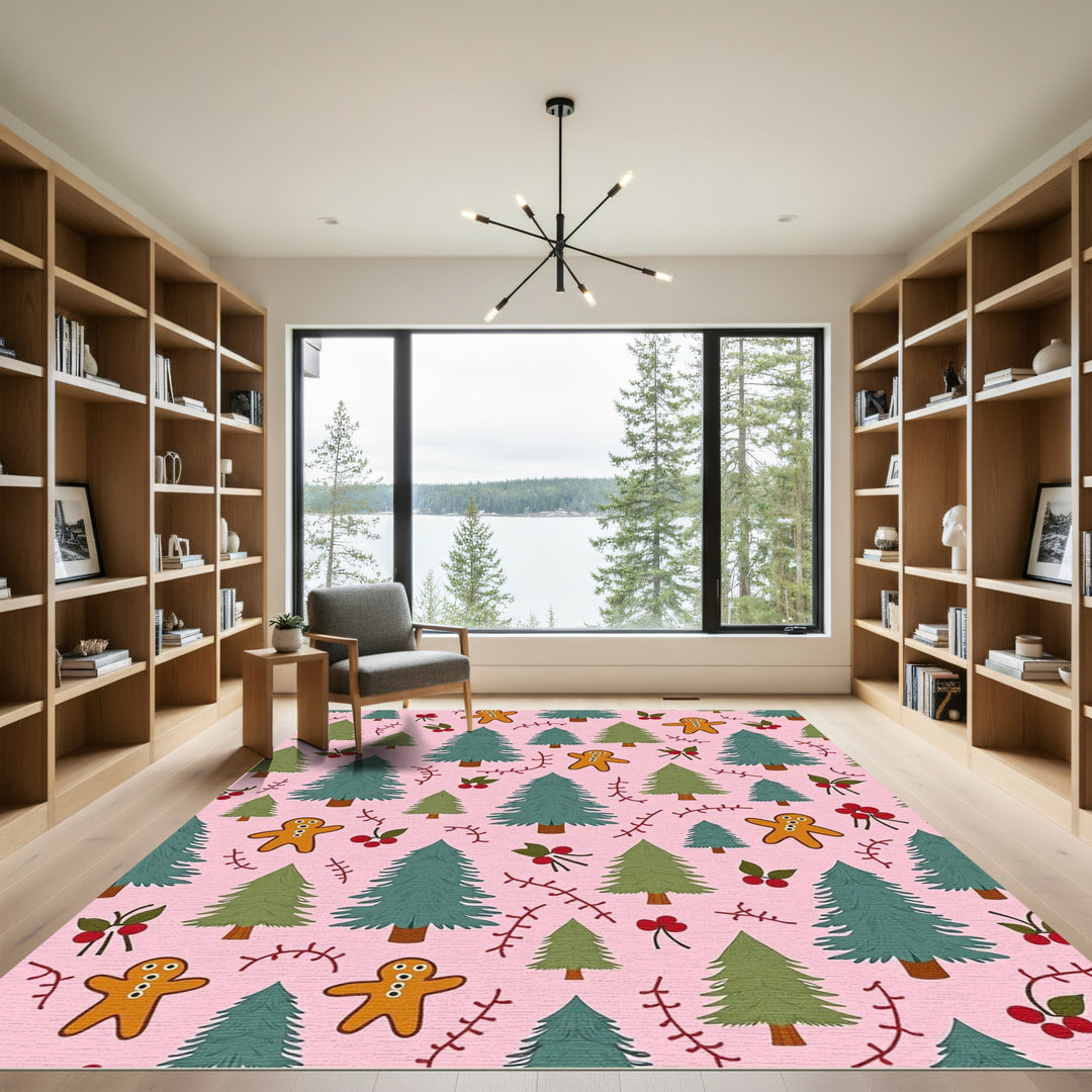 Pink Festive Holiday Trees Gingerbread Cookies Rug