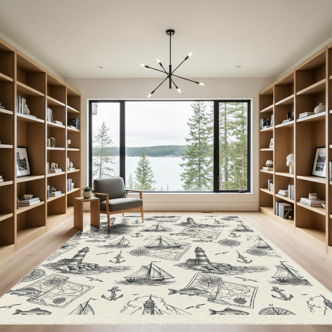 Nautical Seaside Lighthouses Sailboats Anchor Map Rug