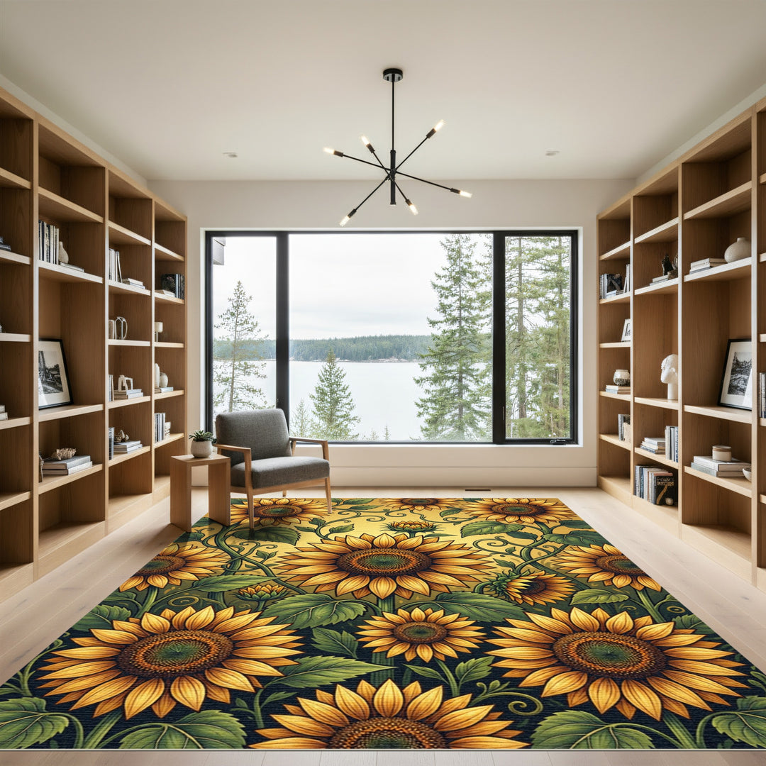 Golden Sunflowers Green Vines Rug