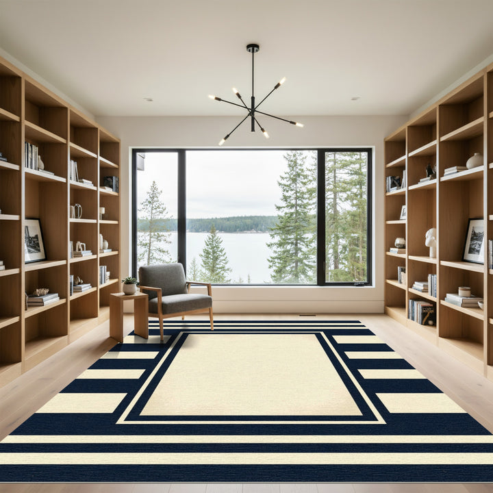 Navy Cream Geometric Stripe Panel Rug