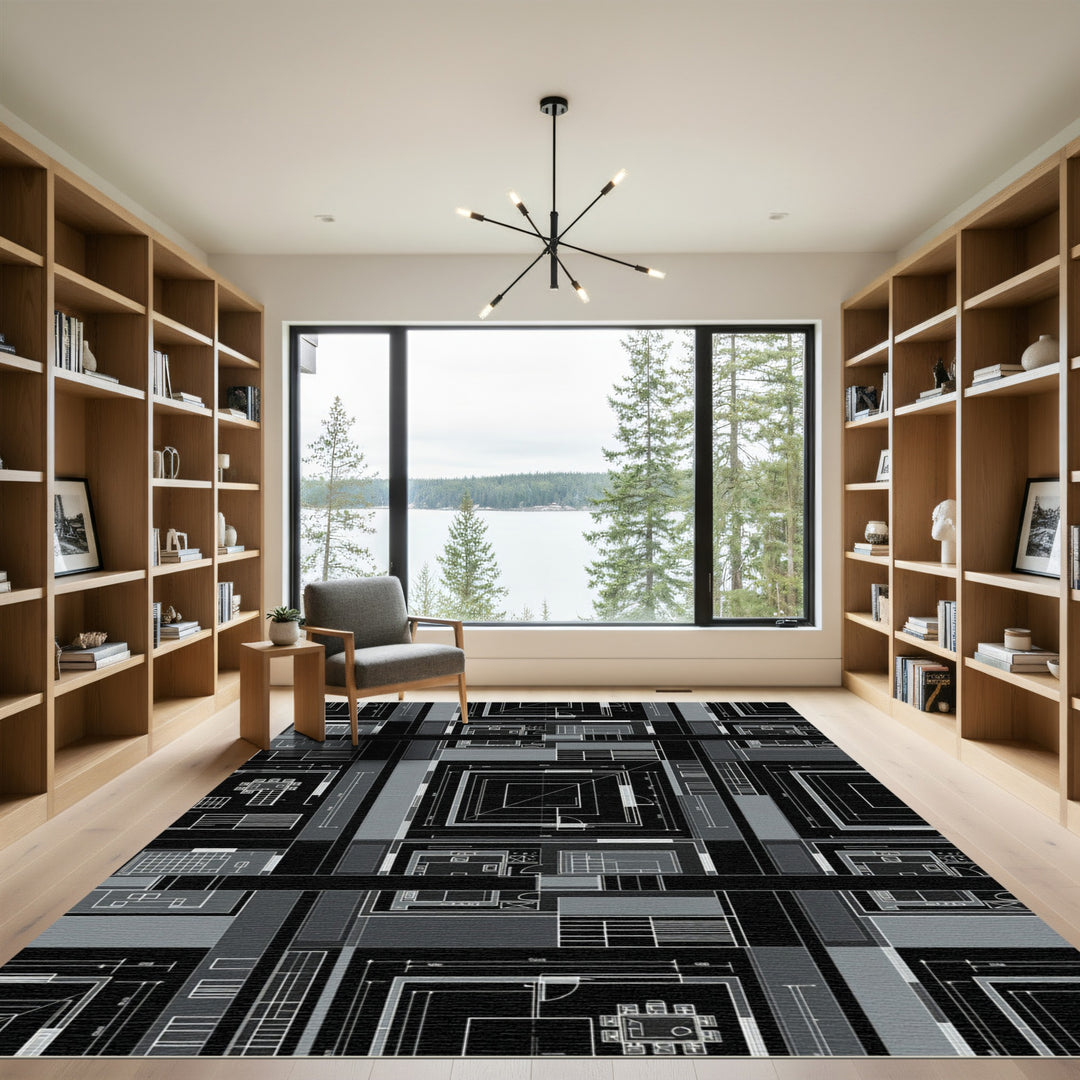 Architectural Blueprint Black Geometric Rug