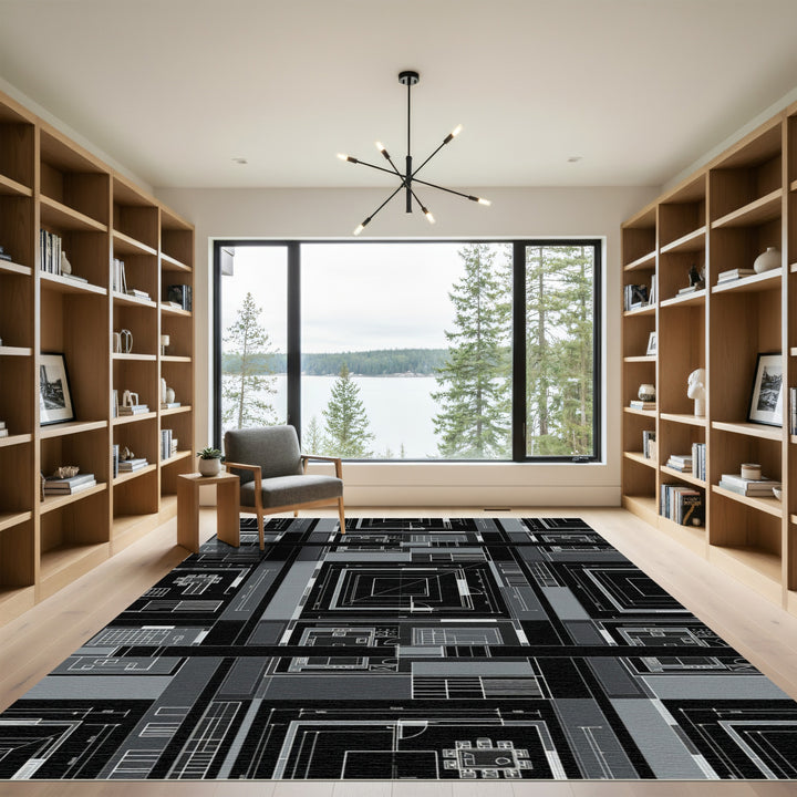 Architectural Blueprint Black Geometric Rug