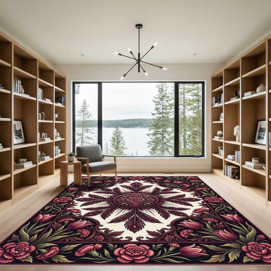 Deep Red Floral Feather Medallion Rug
