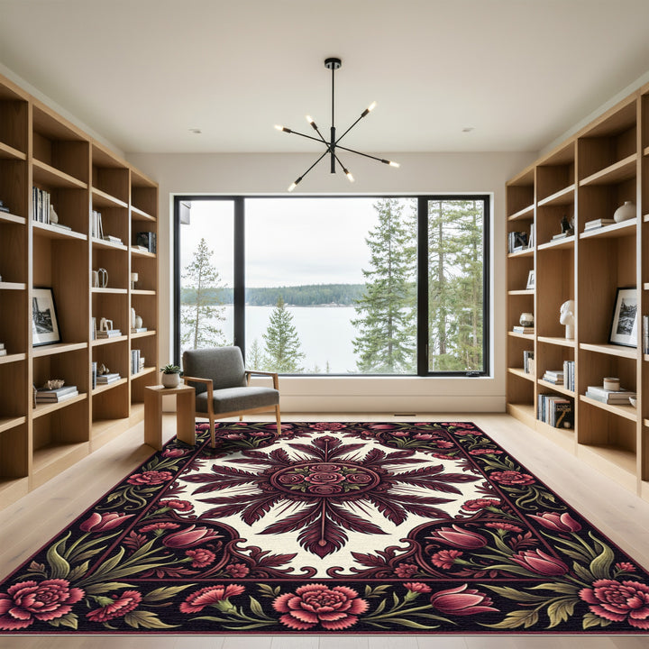 Deep Red Floral Feather Medallion Rug