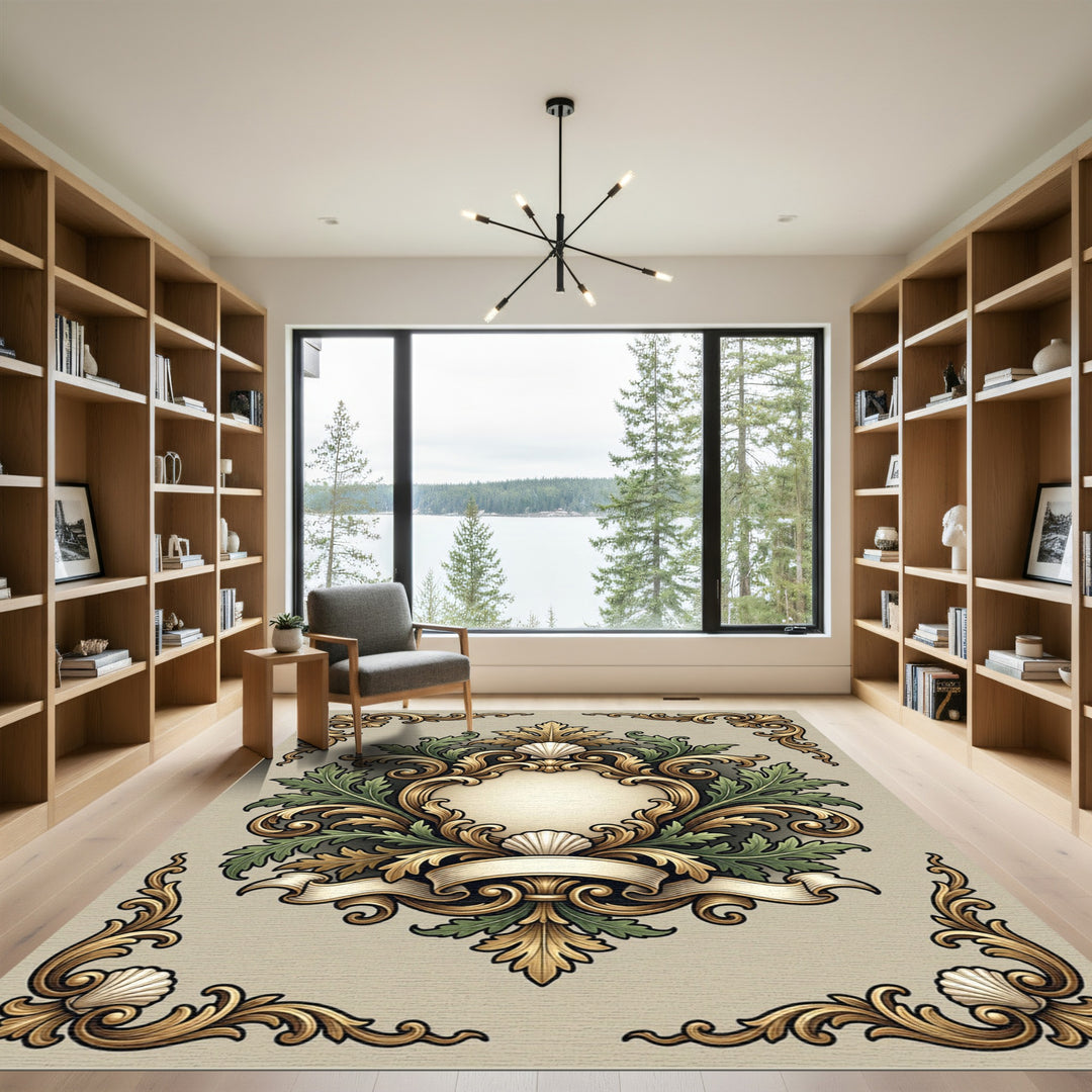 Ornate Gold Green Seashell Emblem Rug