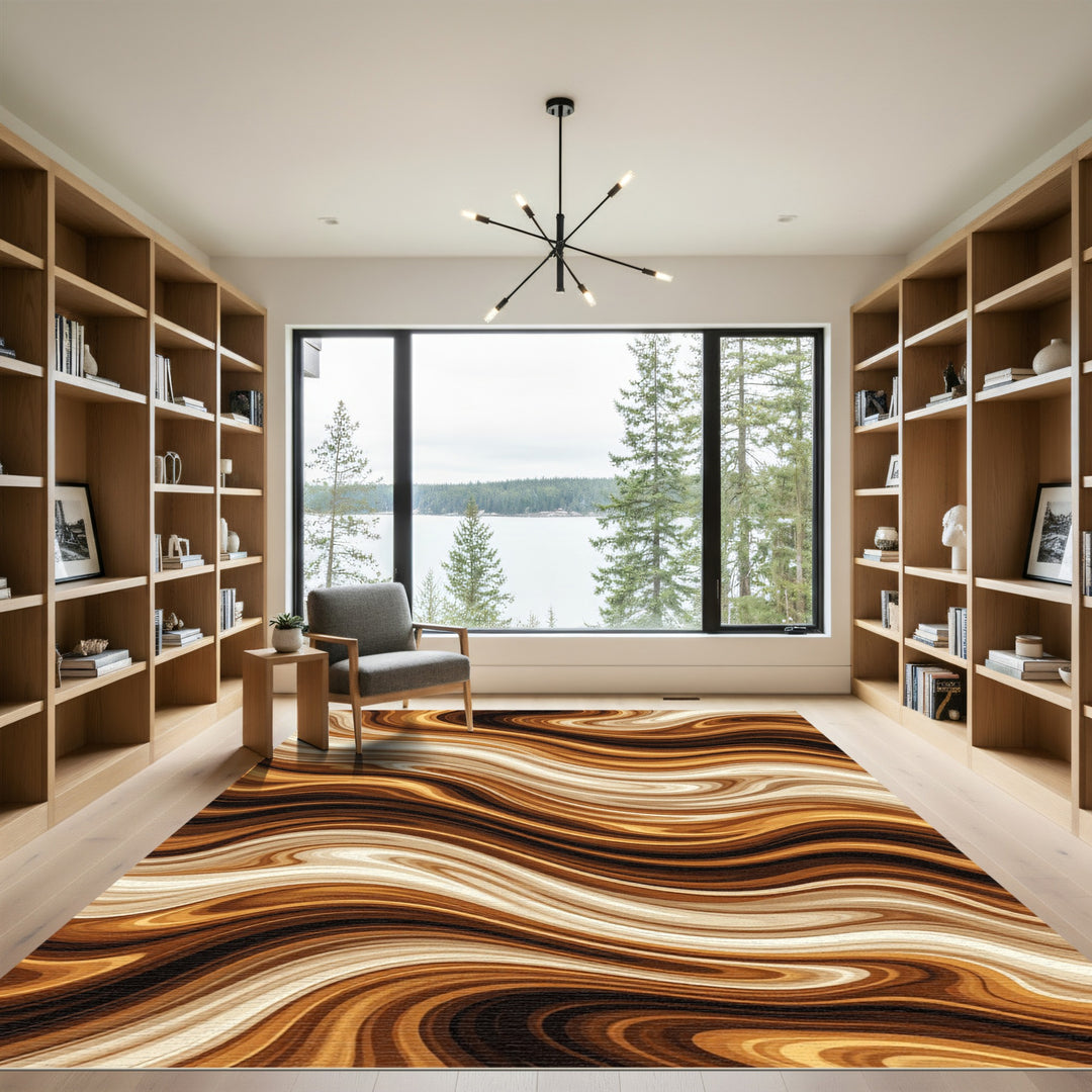 Rich Golden Swirl Abstract Wave Rug