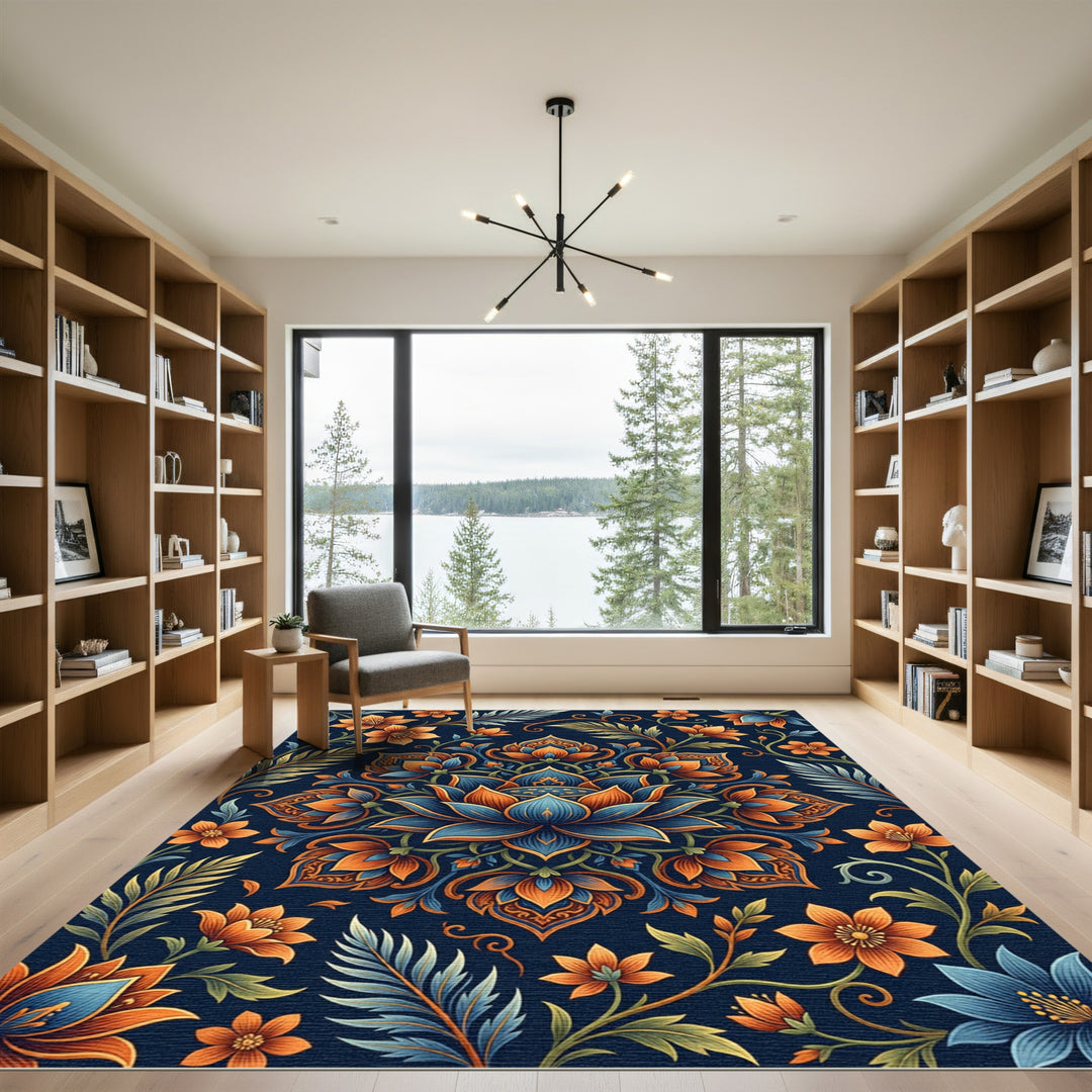 Ornate Blue Orange Floral Medallion Rug