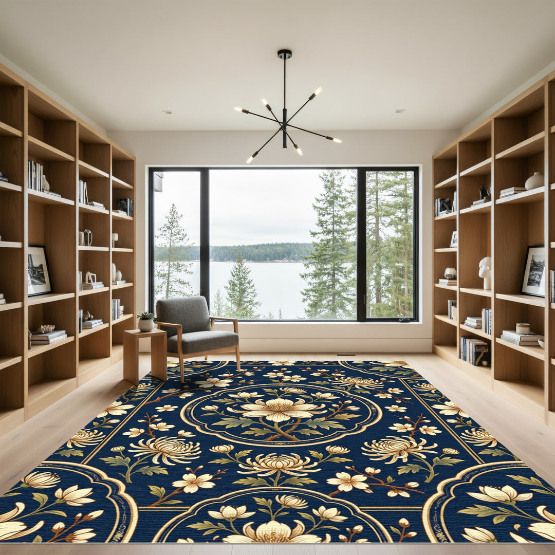 Navy Blue Floral Medallion Art Rug