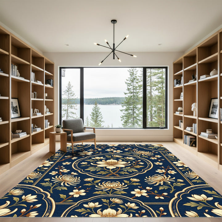 Navy Blue Floral Medallion Art Rug