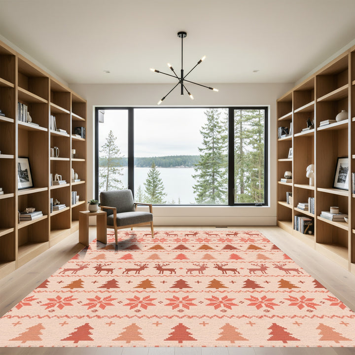 Earthy Tone Deer Pine Tree Snowflakes Rug