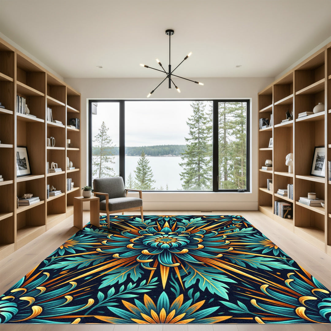 Teal and Gold Chrysanthemum Burst Rug