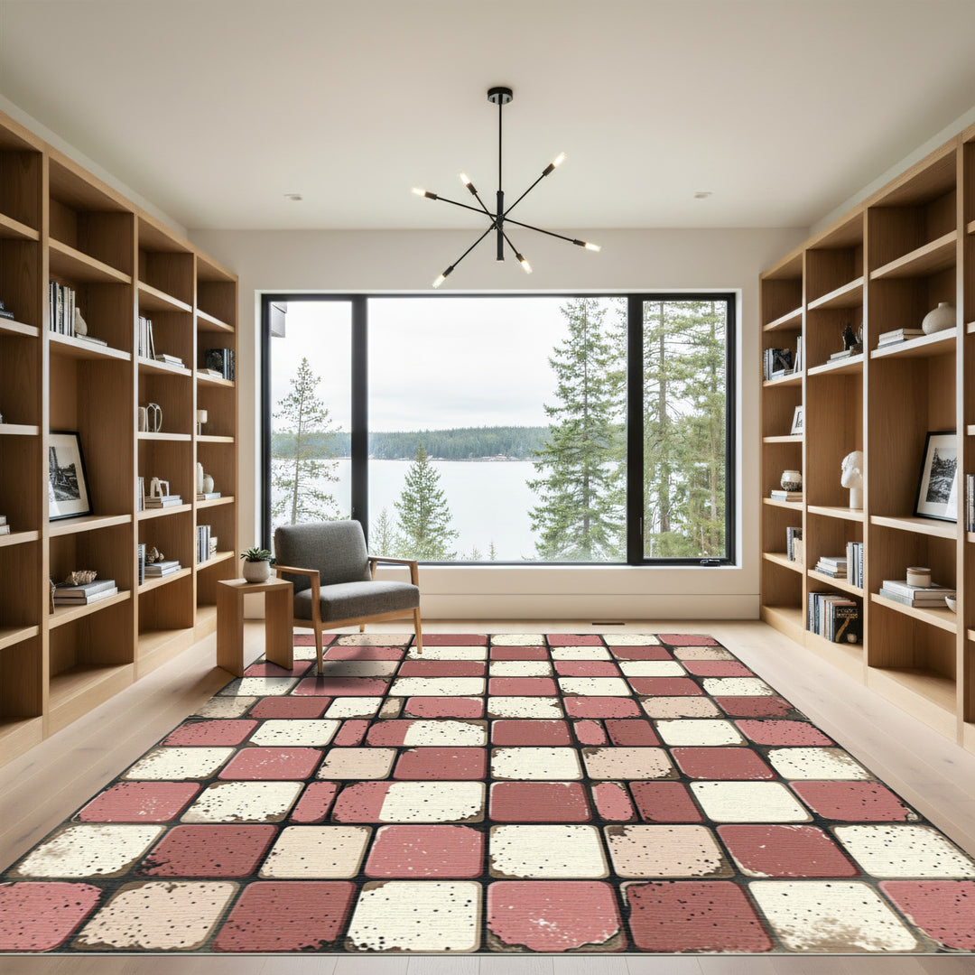 Distressed Pink Checkerboard Square Rug