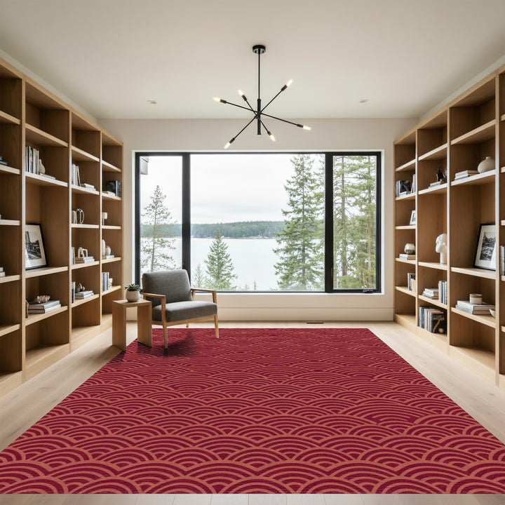 Crimson Red Scale Waves Rug