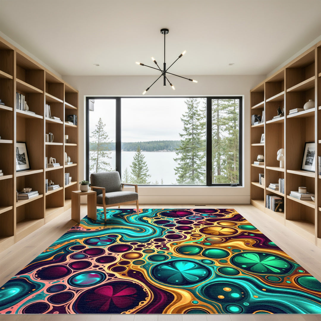 Vibrant Teal Gold Marbled Orb Rug