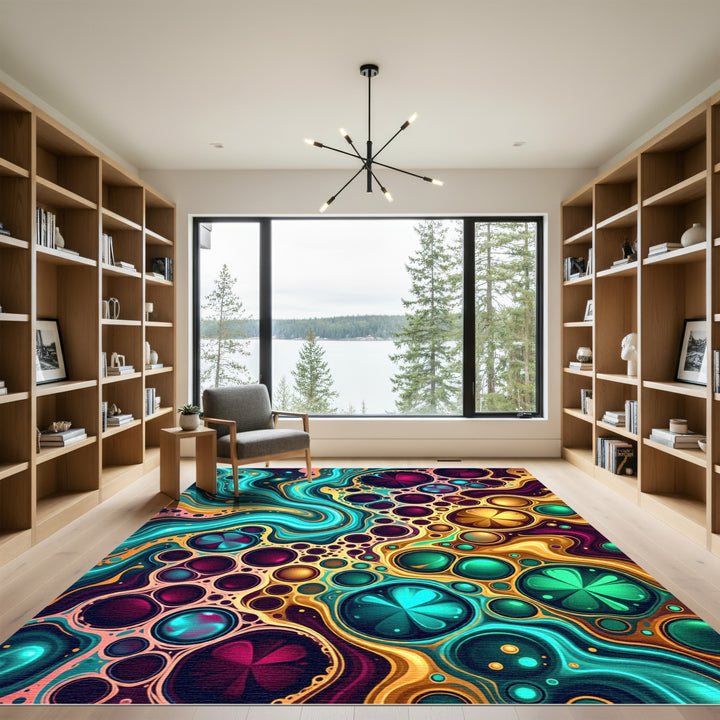Vibrant Teal Gold Marbled Orb Rug