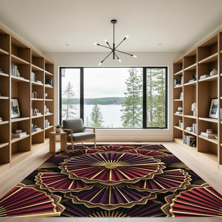 Regal Burgundy Gold Fan Mandala Rug