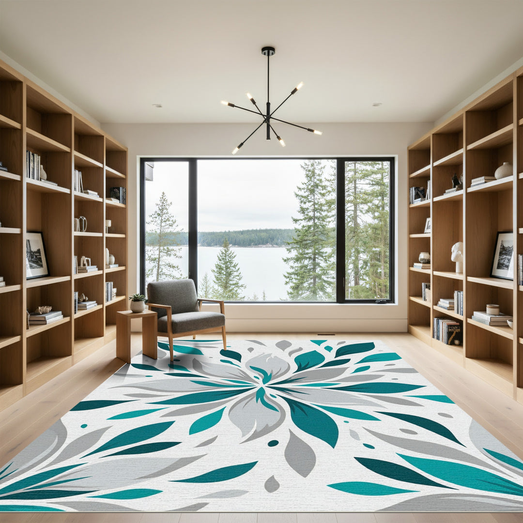 Teal Gray Abstract Petal Burst Rug