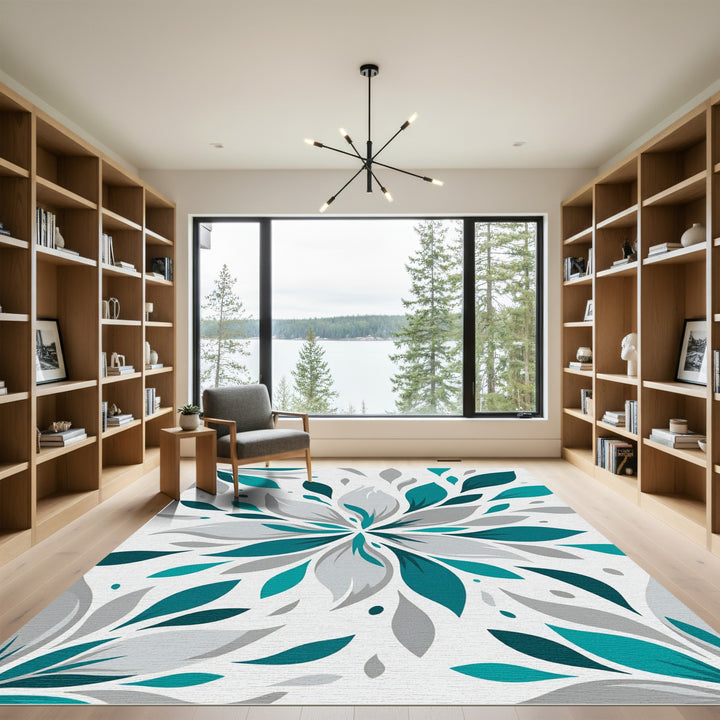 Teal Gray Abstract Petal Burst Rug
