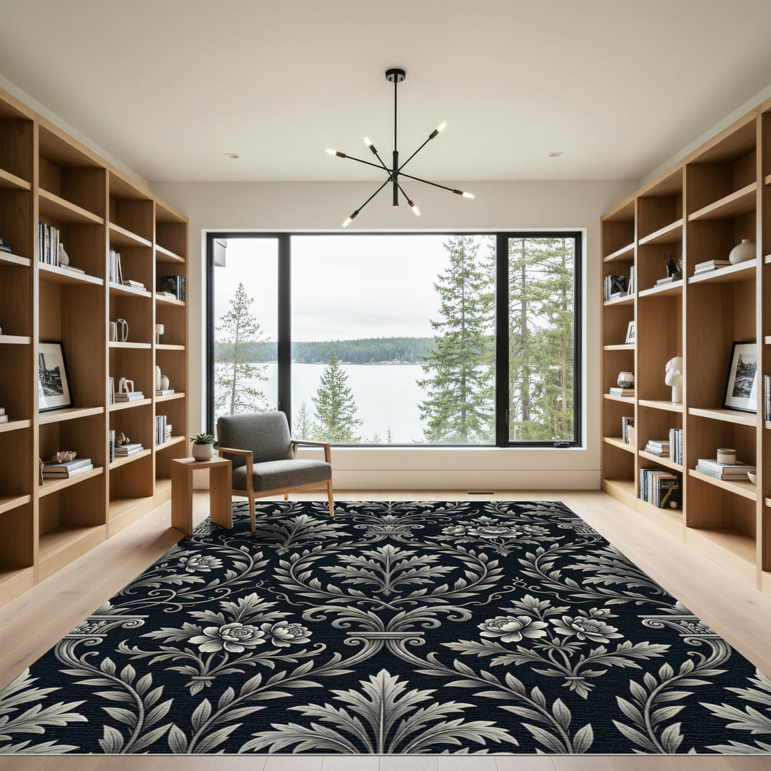 Ornate Floral Scrollwork Black Beige Rug